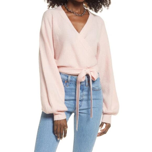 Nordstrom Open Edit Light Pink V Neck Wrap Front Waist Tie Long Sleeve Top SM - Picture 5 of 10